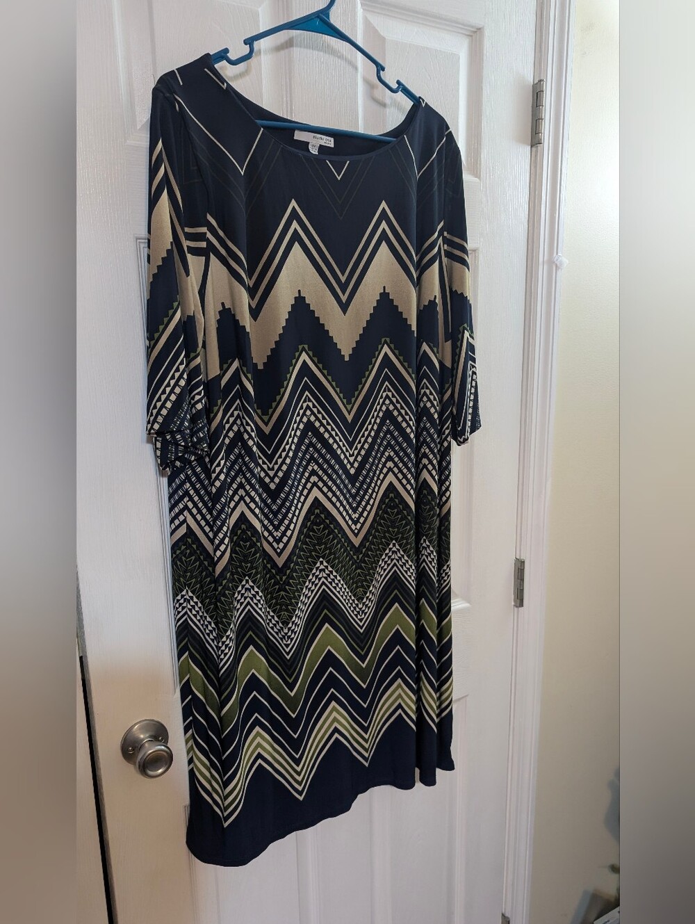 Studio One Navy Chevron Midi Dress with Olive & Cream Accents